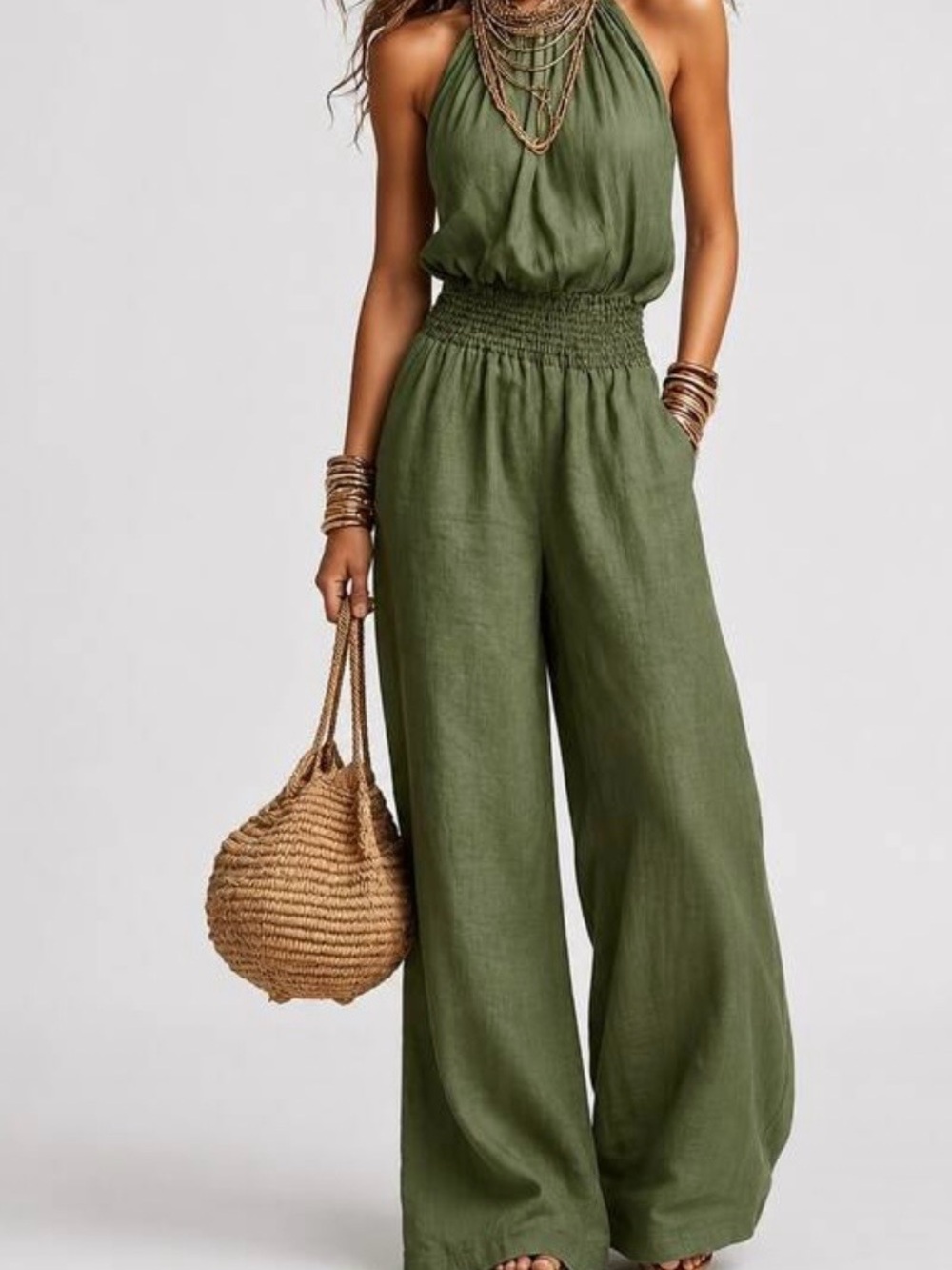 SHEIN Olive Green Halter Wide-Leg Jumpsuit with Smocked Waist
